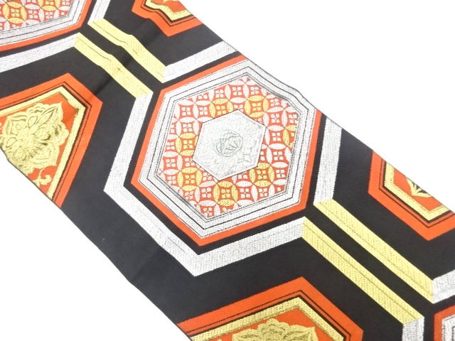 JAPANESE KIMONO / ANTIQUE FUKURO OBI / WOVEN SHIPPO PATTERN & FLOWER